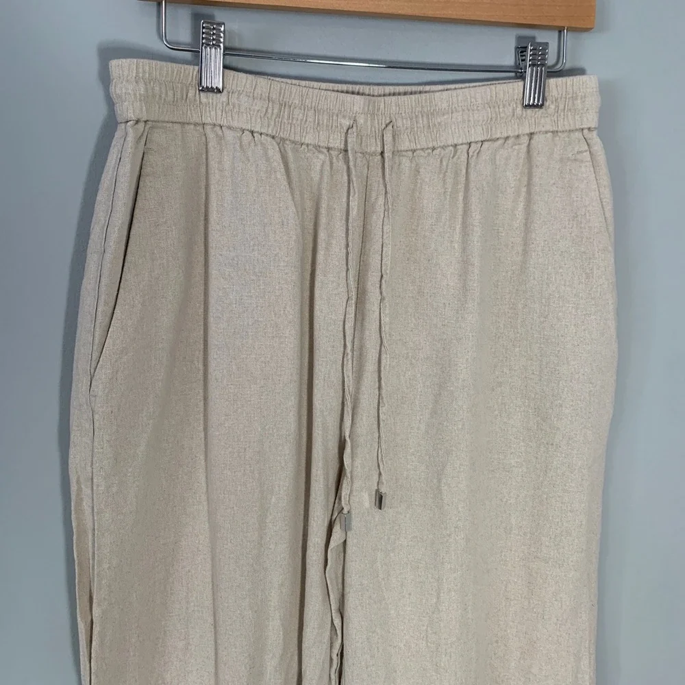Zara Linen Blend Wide Leg Drawstring Pants‎ Beige Oatmeal Size Large